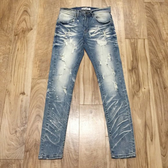New PREME Designer Jeans 29x30.5* Men Heavily Distressed Ripped Biker Moto Denim - Picture 1 of 13